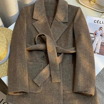 New Women's Wool Suit Jacket 2026 Spring Autumn Retro Temperament Ladies Small Blazer Coat Leisure High-Quality Lady Outerwear