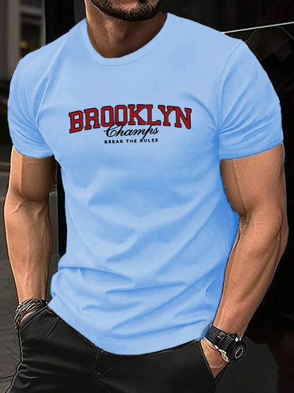 Men's Summer 100% Cotton Fashionable Casual Loose Brooklyn Pattern Printed Sports Round Neck Short Sleeve T-shirt Top