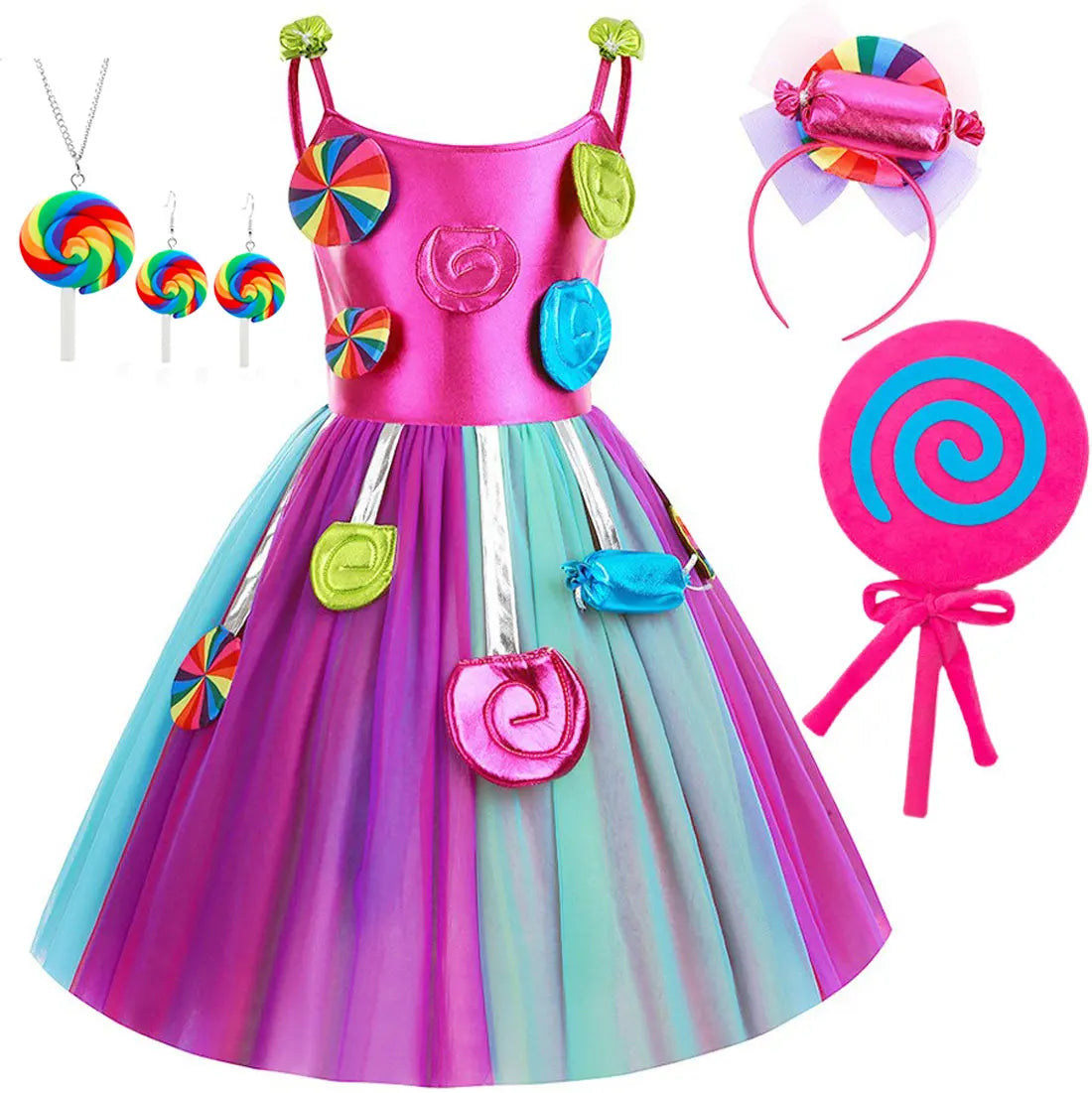 2025 Purim Festival Suspender Rainbow Dress For Girl Candy Lollipop Costume Party Gift Candy Dress + Lollipop Accessories Suit