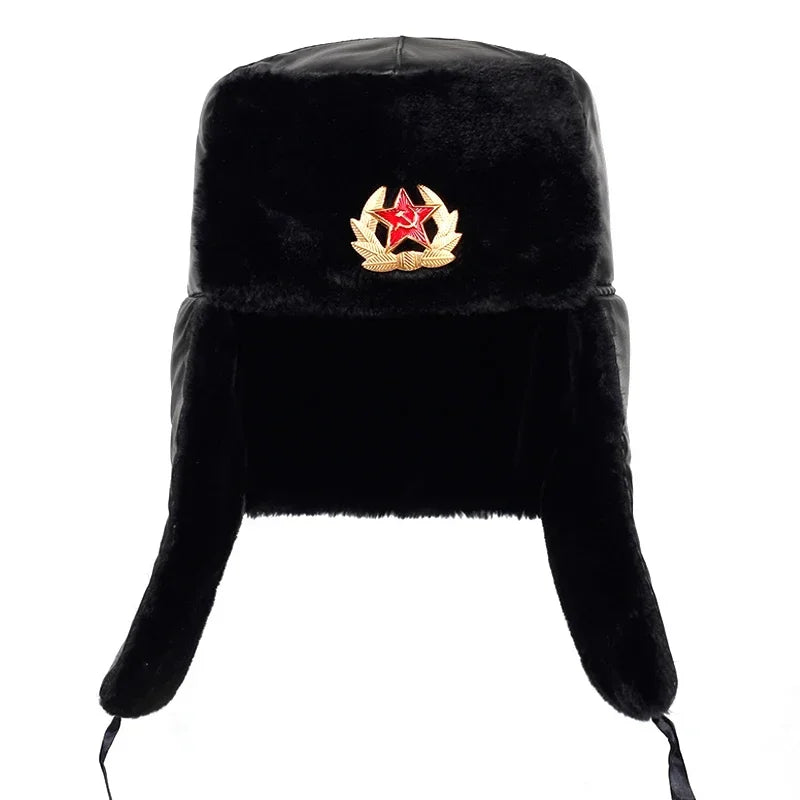 Soviet Army Military Badge Russia Ushanka Bomber Hats Pilot Trapper Trooper Hat Winter Faux Rabbit Fur Earflap Men Snow Caps
