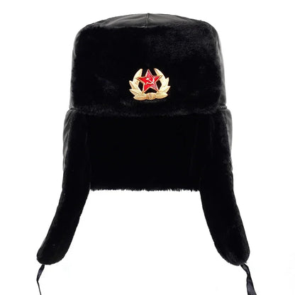 Soviet Army Military Badge Russia Ushanka Bomber Hats Pilot Trapper Trooper Hat Winter Faux Rabbit Fur Earflap Men Snow Caps