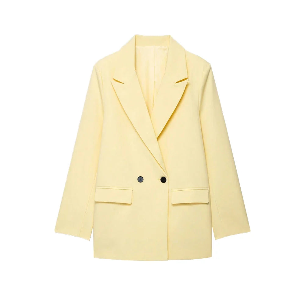 Women's Double-Breasted Solid Color Blazer Coat Long Sleeve Office Wear for Spring Autumn Winter Old Money Style