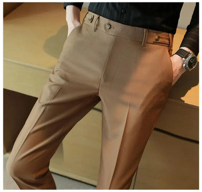 Pure Color Male Business Wedding Dress Pants Fashion Unique Design Men Waist Adjustable Suit Pant No Belt Slim Trousers Homme