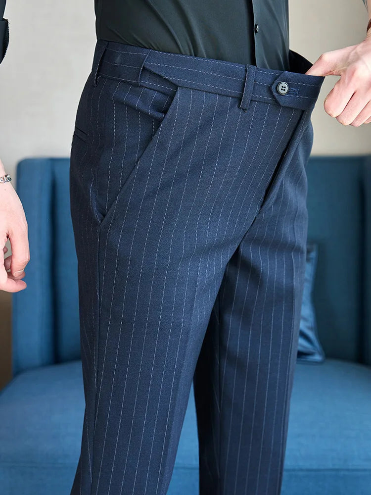 Men's Elastic Waist Striped Suit Pants 2025 New Social Casual Trousers Slim Fit Suit Pants Business Office Wedding Men Clothing