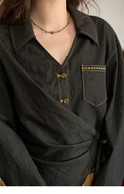 Autumn Retro Black Imitation Denim Shirt 2025 Side Lace-up Solid Shirts Lapel V-neck Retro Button Casual Tops MXE42C2374