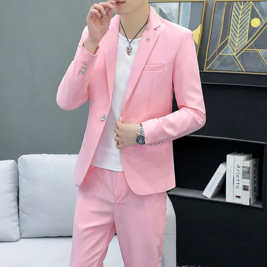 Slim Fit Two-Piece Suit Casual Business Style Solid Color Autumn  Dress Suit with Trousers Included Stylish Men's Costume