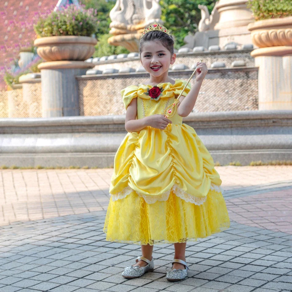 Girl Belle Dress Beauty Cosplay Costume Princess Deluxe Applique Outfit Children Birthday Party Elegant Gown Fairy Disguise Sets