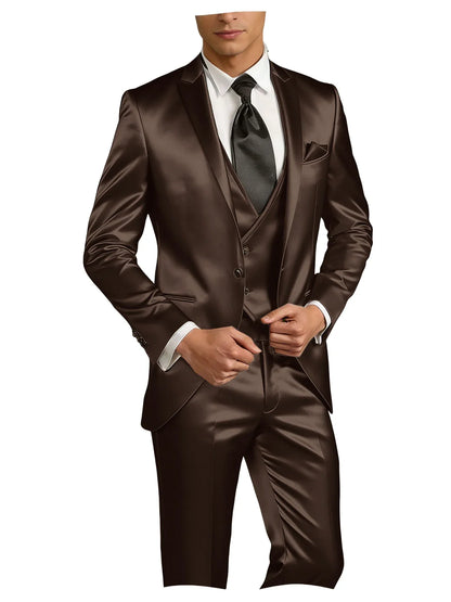 Luxury Men's Satin Suit 3 Piece Set Notch Lapel Slim Fit 1 Button Blazer Vest Pants for Formal Groom Groomsmen Prom Party