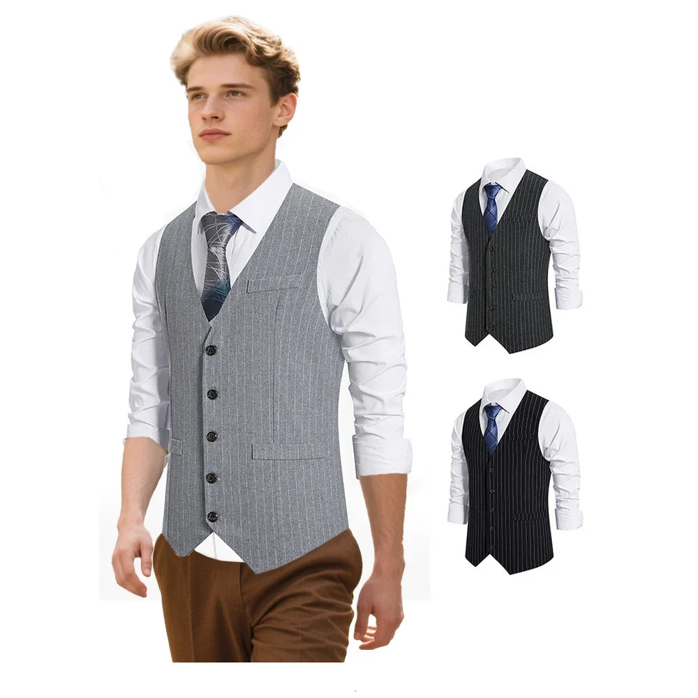 Men's Suit Vest Striped Single Breasted Waistcoat Stylish Mail Suit Retro Vest Wedding Business Banquet Daily Groomsman Uniform