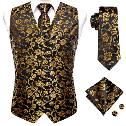 Luxury Mens Vests Black Gold Floral Jacquard Waistcoat Tie Hanky Cufflinks Brooch Set for Men Suit Wedding Office XL