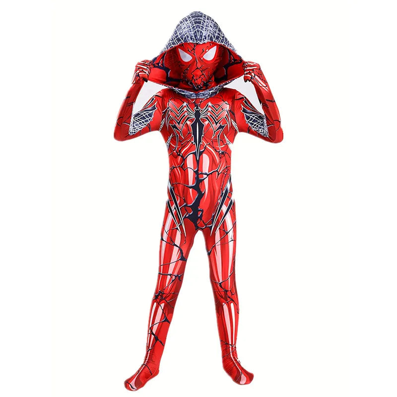 Kids Red  Spider Costume with Mesh Mask Zipper Hooded Jumpsuit for Halloween Party Cosplay Mardi Gras Performance Costume