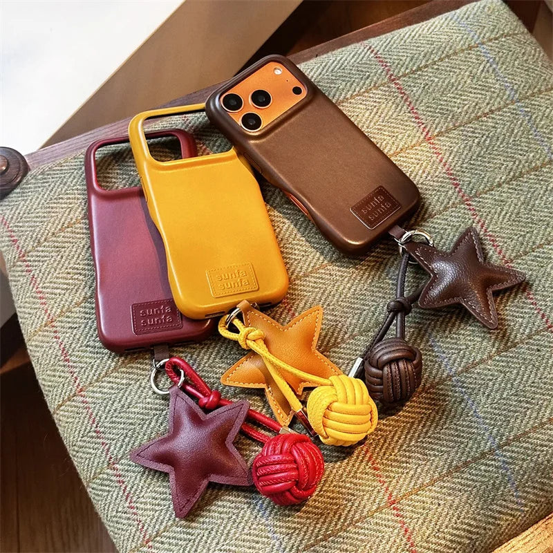 Fashion Leather Phone Case For iPhone 17 Pro 15 14 16 Pro Max Cover with Star Pendant Cute Protective Cases For Apple 17Pro Capa