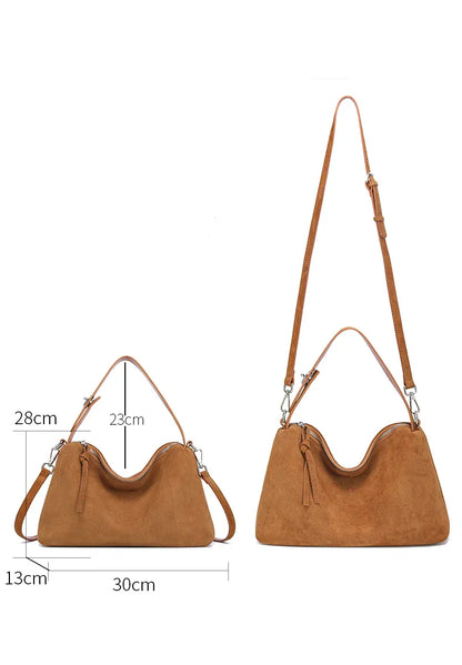 Fashion Autumn Winter Big Boston Tote Soft Matte Suede Cow Leather Women's Handbag Shoulder Crossbody Bag For Women Grey Brown