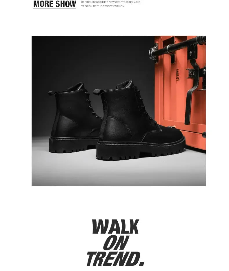 Men Shoes Autumn Anti Slip Waterproof High Top Black Lace Up Casual Leather Shoes Platform Boots Fashion Trend Motorcycle Boots