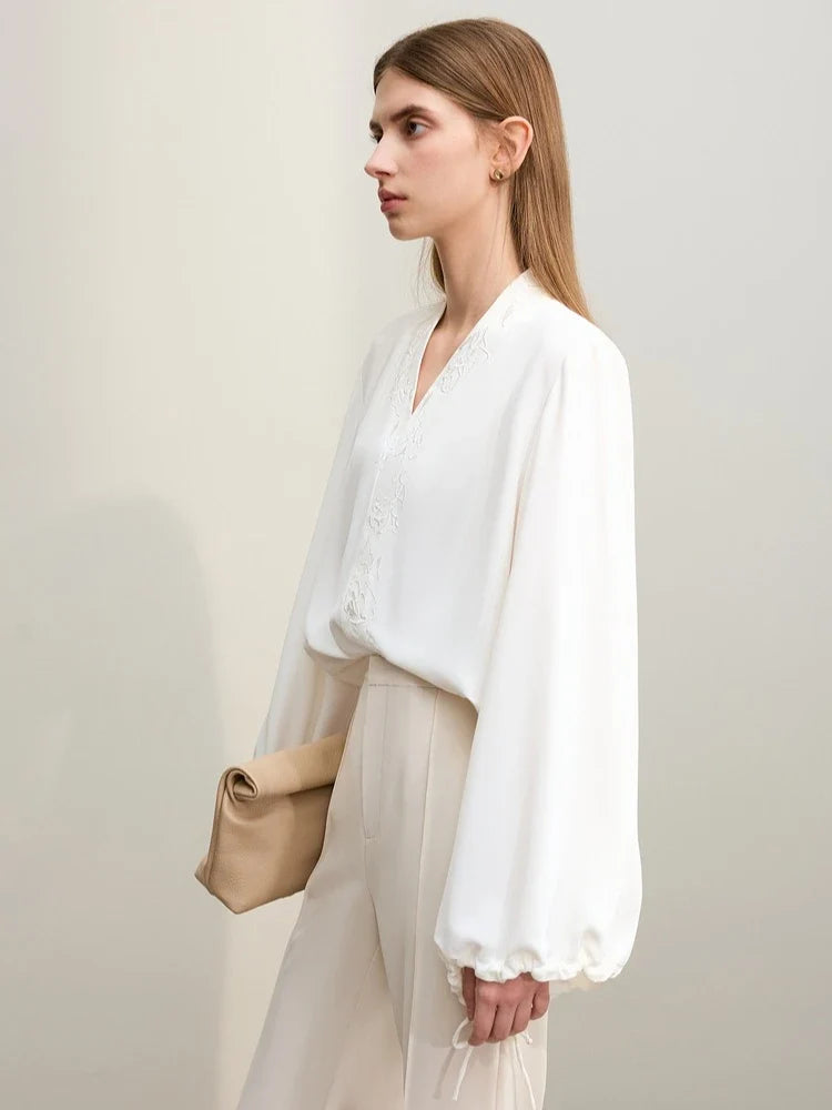 Chiffon Women's Blouse 2025 Autumn New V-neck Letter Embroidered Top Elegant Lantern Sleeve Loose Women's Shirt 12421028