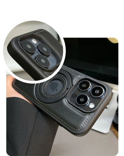 Luxury Magnetic Stand Ring PU Leather Case For iPhone 17 Air 16 Pro Max 15 14 13 12 Magsafe Wireless Charging Hollow Logo Cover