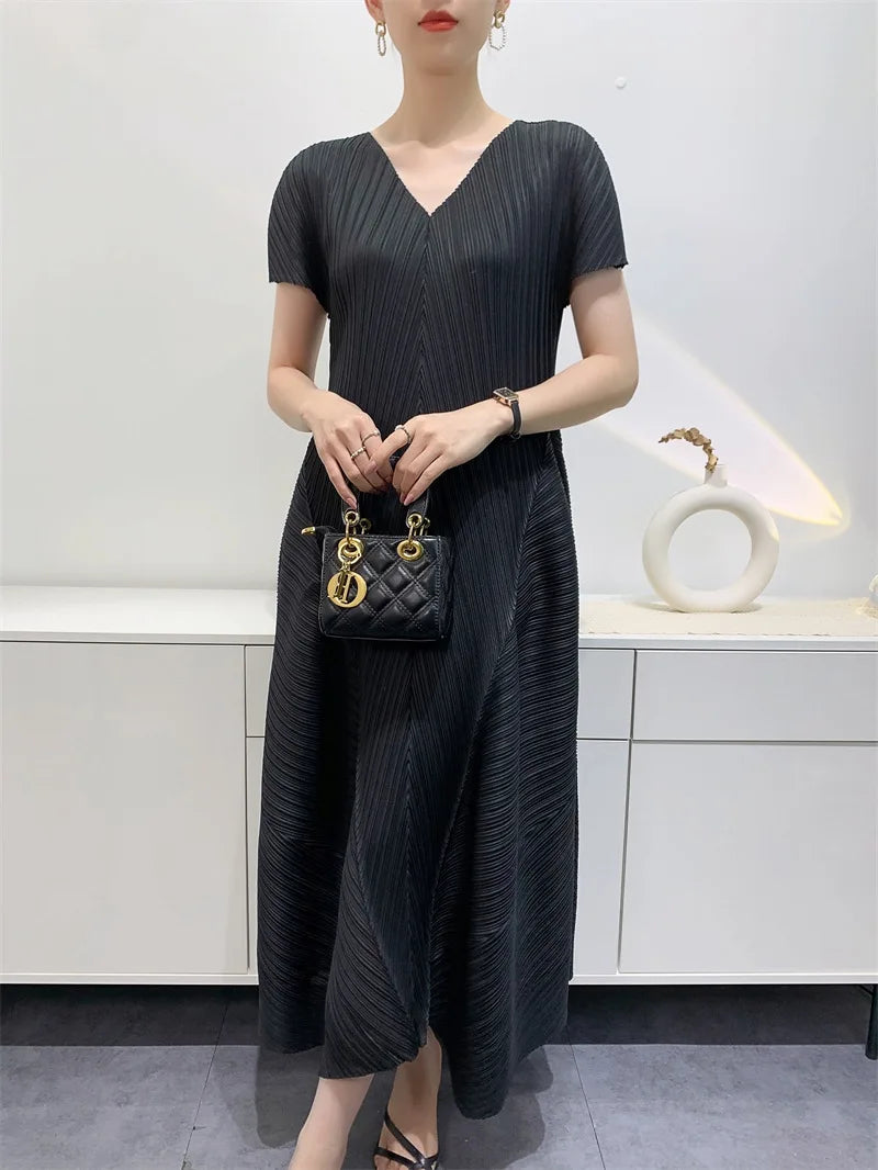 Miyake Bud Elegant Dresses for Women 2024 Autumn New Pleated Casual Fashion Solid Color Party Formal Occasion Dresses