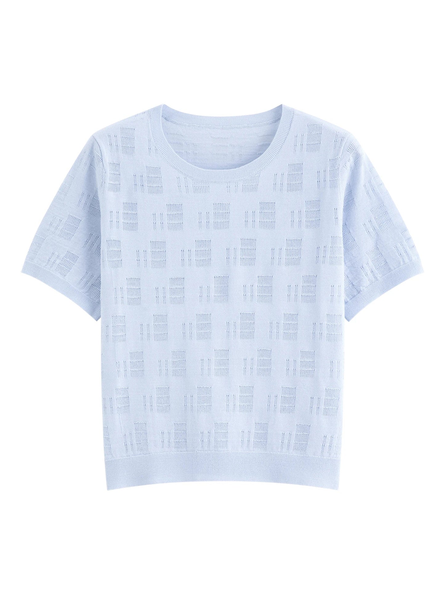 2026 Summer Women's Textured Cut-out Round Neck Short Sleeve Knit Top Soft Lightweight Breathable Blouse Elegant Style