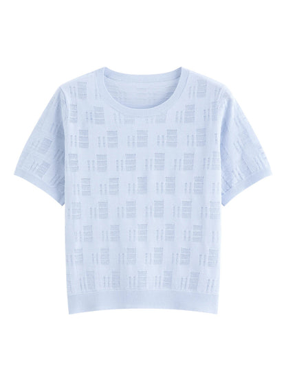 2026 Summer Women's Textured Cut-out Round Neck Short Sleeve Knit Top Soft Lightweight Breathable Blouse Elegant Style
