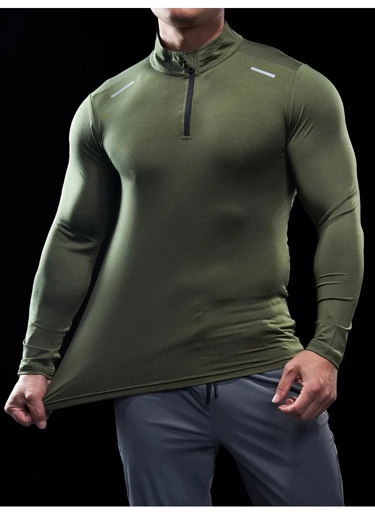 Men Stand Collar Zipper T-shirt Gym Running Training Fitness Bodybuilding Sport Top Quality Elastic Long Sleeve Tight Tops Tees