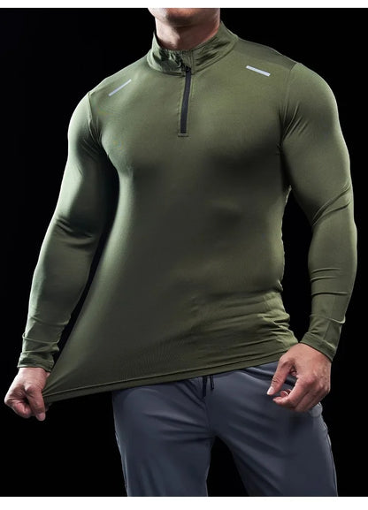 Men Stand Collar Zipper T-shirt Gym Running Training Fitness Bodybuilding Sport Top Quality Elastic Long Sleeve Tight Tops Tees
