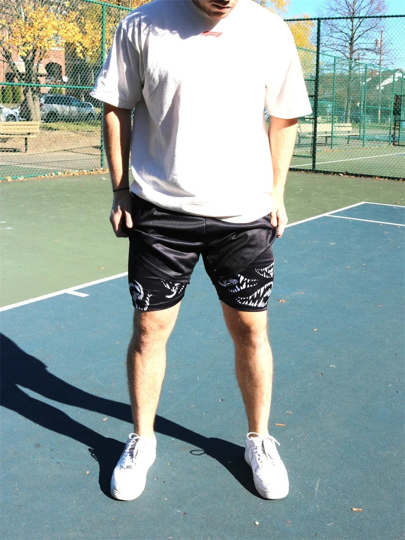 Print 2 in 1 Running Shorts for Men Gym Workout Fitness Athletic Shorts with Pockets Summer Activewear Quick Dry Stretch