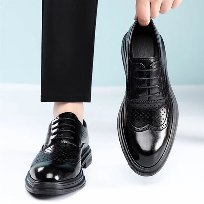 Spring Summer Hallow Leather Shoes for Men 3 6 8cm Increase Fashion Dress Shoes Male Black Business Casual Shoes Man