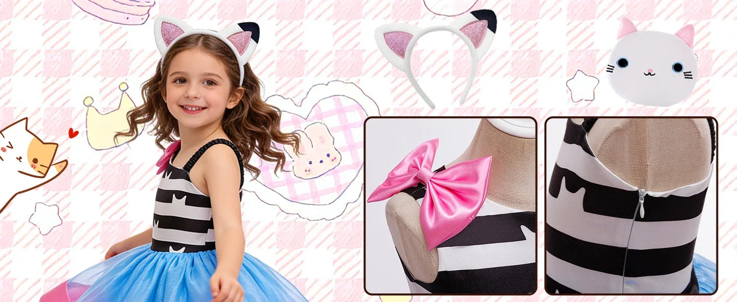 2026 Summer New Kids Girls Puffy Princess Dress Cat Striped Tutu Dress Children Birthday Party Cosplay Costume