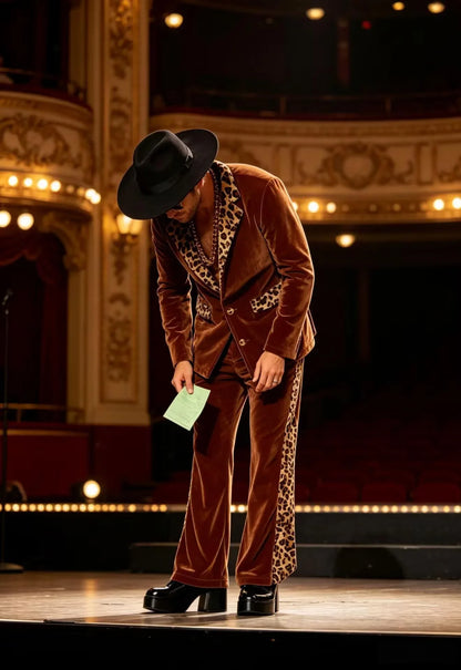 Luxury Men's Velvet Suit Notch Lapel Jacket Leopard Print Patchwork Trim Wide Leg Flare Trousers Tuxedo Cosplay Prom Event