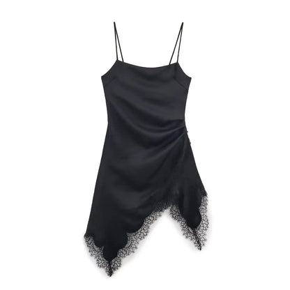 Lace Underwear Sling Dress Women Fashion Autumn Asymmetric satin texture Mini Dresses French Chic Female Evening Clothing