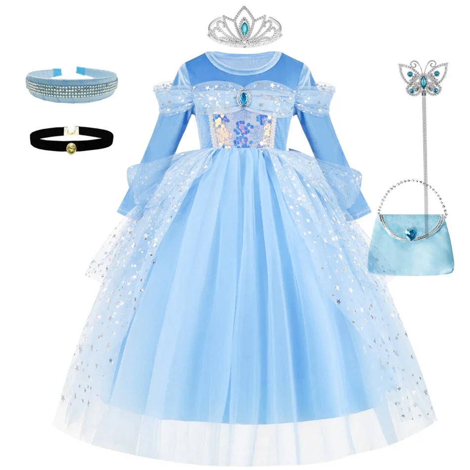 Girl Cinderella Dress Long Sleeve Princess Cosplay Costume Blue Sequin Children Bithday Surprise Kids Ball Gown