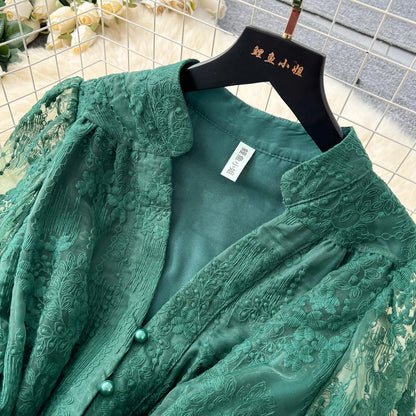 High-End Women's Dress Heavy Embroidery A-Line Long Skirt V-Neck Lantern Sleeve Single Button High Waist Korean Style Commute