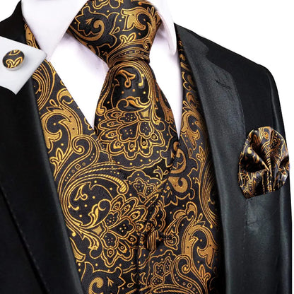 Jacquard Silk Mens Waistcoat Tie Set Sleeveless Jacket Necktie Hanky Cufflinks Suit Gold Blue Black Vest Wedding Business