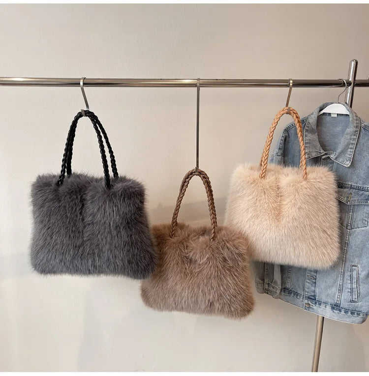 Fashion Women Furry Shoulder Bag Large Capacity Tote Handle Bag for Autumn Winter Outing Commuter Texture Versatile Storage Bags