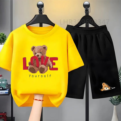 Kids T-shirt+Shorts Two-Piece Set White Clothing Boy Girl 3-12 Yrs Sports Short-Sleeved Summer Casual  Little Bear Printing Set