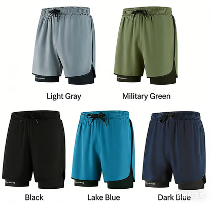 Men Fitness Built-in pocket sports Shorts Summer 2 In 1 Quick Dry Gym Beach shorts Running Double-deck Shorts Outdoor sweatpants