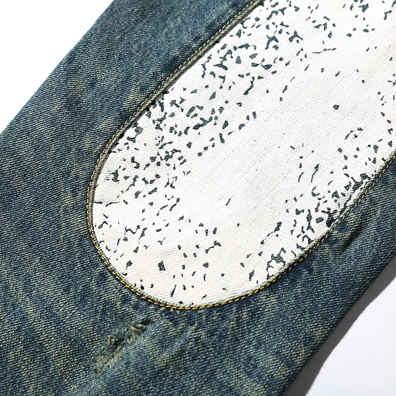 Men's Japanese Handmade Embroidered Jeans Pure Cotton Straight Tube Hip-Hop Popular Slim Red Ears Show Thin Trousers Blue MDevil