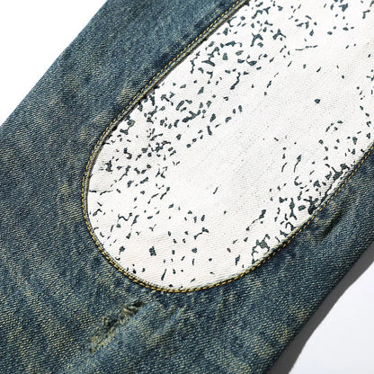 Men's Japanese Handmade Embroidered Jeans Pure Cotton Straight Tube Hip-Hop Popular Slim Red Ears Show Thin Trousers Blue MDevil
