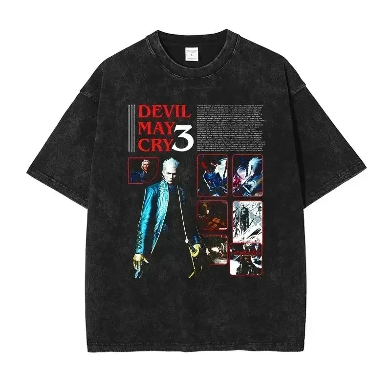 Devil May Cry 3 Dante Awakening Vintage Washed Tee, Double Sided Design, Front Dante Character Game Title Women And Men T-Shirt