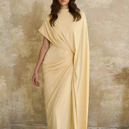 Modern Evening Dress فساتين سهره Customized Round Neck with Cape Pleat Ruched Sheath Arabian Prom Gown Formal Dresses