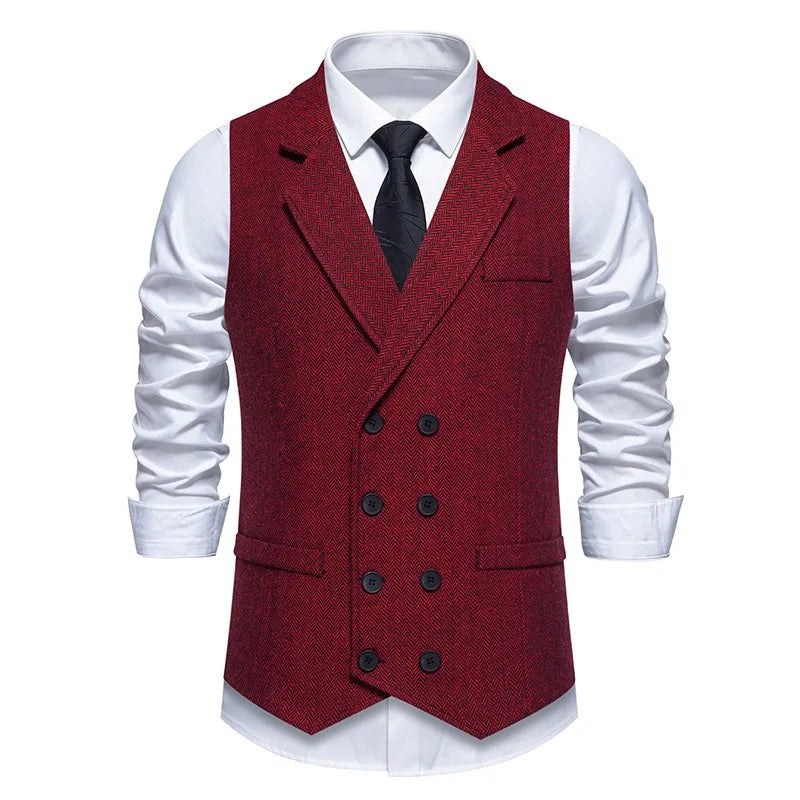 Waistcoat Man British Style Turn Down Collar Men Vest Slim Solid Double-breasted Sleeveless Versatile Male Suit Vest