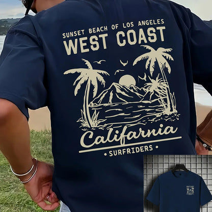 Men's 100% pure cotton casual loose retro California beach surfing pattern printed round neck short sleeved T-shirt top