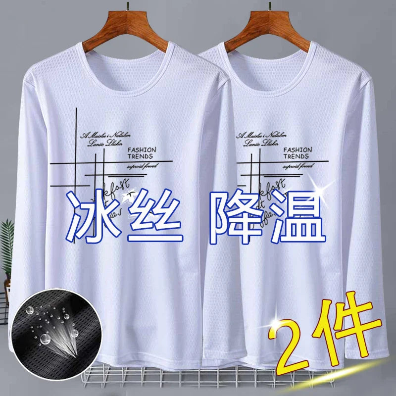 New 2025 Men's Ice Silk Breathable Sun Protection Hollow out Thin Long Sleeve Casual Sports T-Shirt Large Size Loose Fit