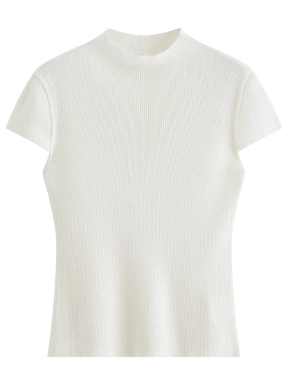 2026 Spring Women's Semi-High Neck Solid Wool Knit Sweater - Slim Fit Short Sleeve Simple Top for Casual Office Wear