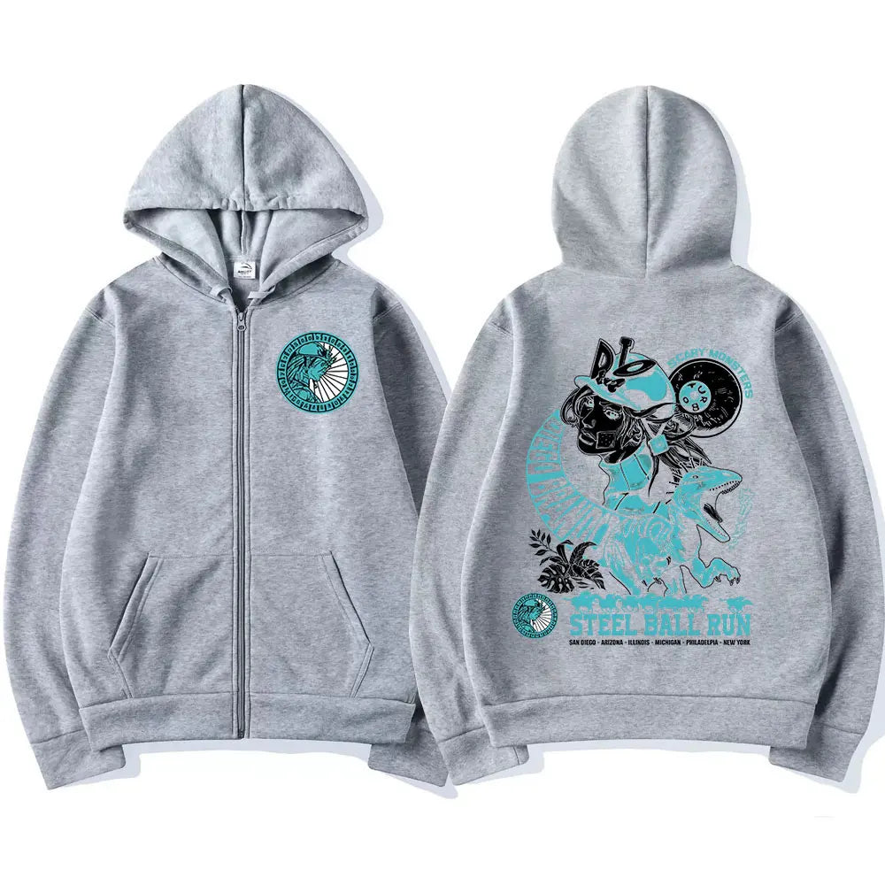 Anime Jojo Bizarre Adventure Zipper Hoodies STEEL BALL RUN Diego Brando Manga Zip Up Sweatshirts Men's Fashion Casual Pullovers