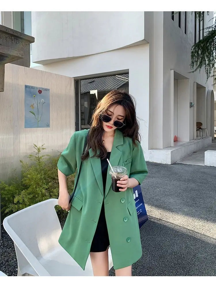 Korean Fashion Loose Thin Blazer Women Spring Autumn New Extra Large Mid Length Short Sleeved Women Coat Casual Outwear