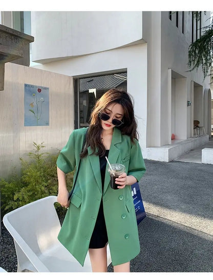 Korean Fashion Loose Thin Blazer Women Spring Autumn New Extra Large Mid Length Short Sleeved Women Coat Casual Outwear