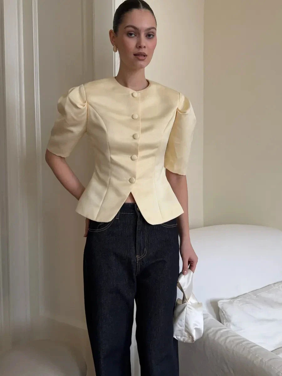 KT Elegant Satin Puff Sleeve Blouse for Women Round Neck Button Down Fitted Waist Asymmetric Hem Office & Formal Wear Tops