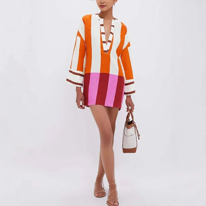 Autumn Winter Women Linen Material Mini Dresses Print Sexy V-neck Hollow Out Long Sleeves Robeson Beach Party Female Dresses