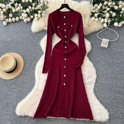 Brand Fashion Aesthetic Patchwork Knitted Maxi Dress Autumn Winter Women Luxury Shirt Sweater Dress Office Lady Vestido